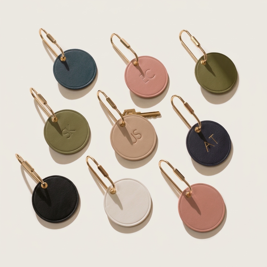 Personalized Nappa Leather Circle Keychain Monogram Tag